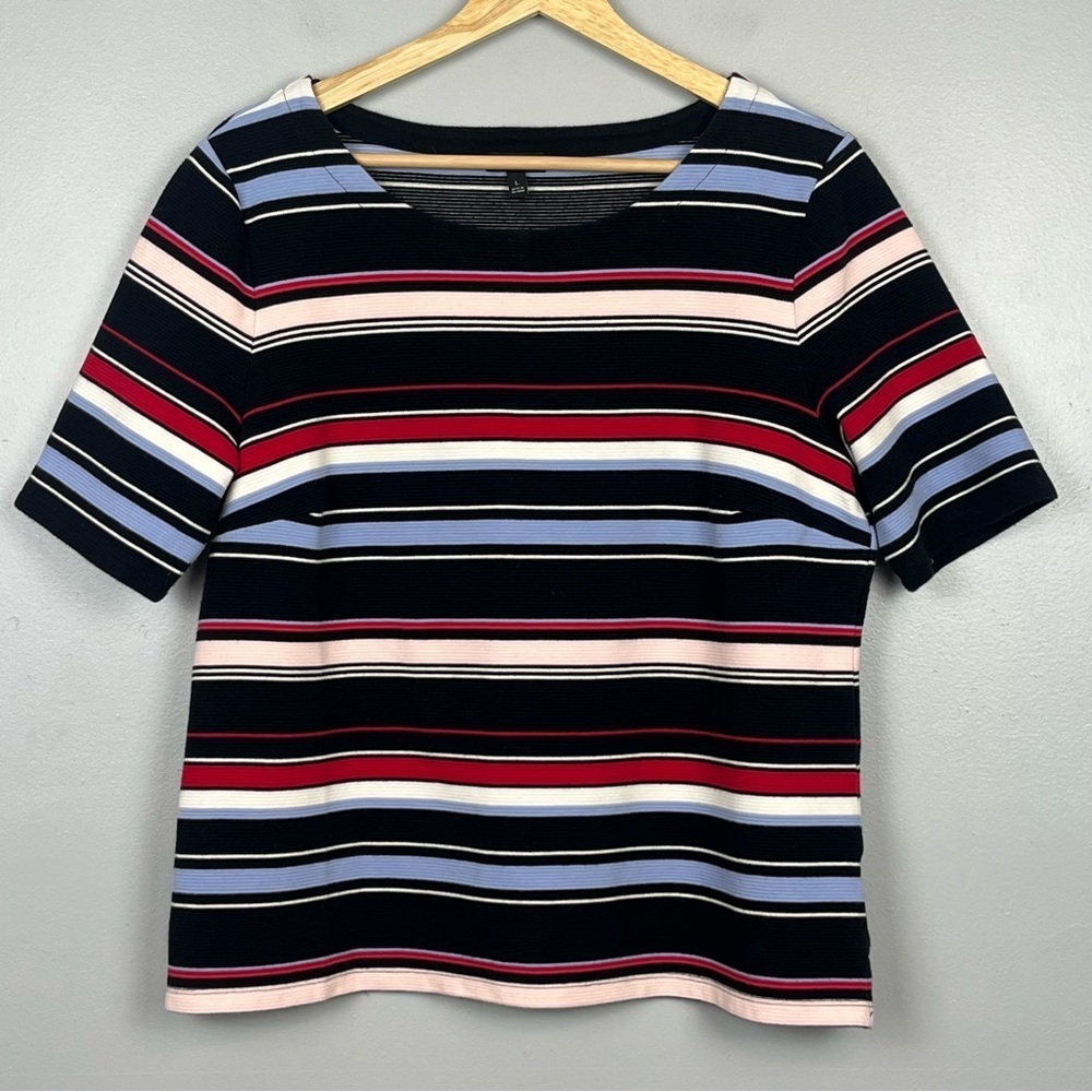 Talbots cotton poly spandex fitted blue red white & pink striped top, large.